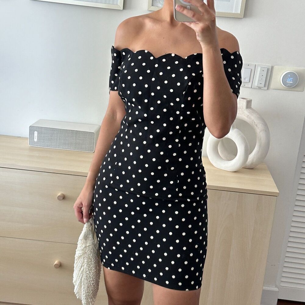 Vintage Polka Dot Dress Womens Small 90s Mini Bodycon Retro Pinup Off Shoulder - Picture 2 of 13
